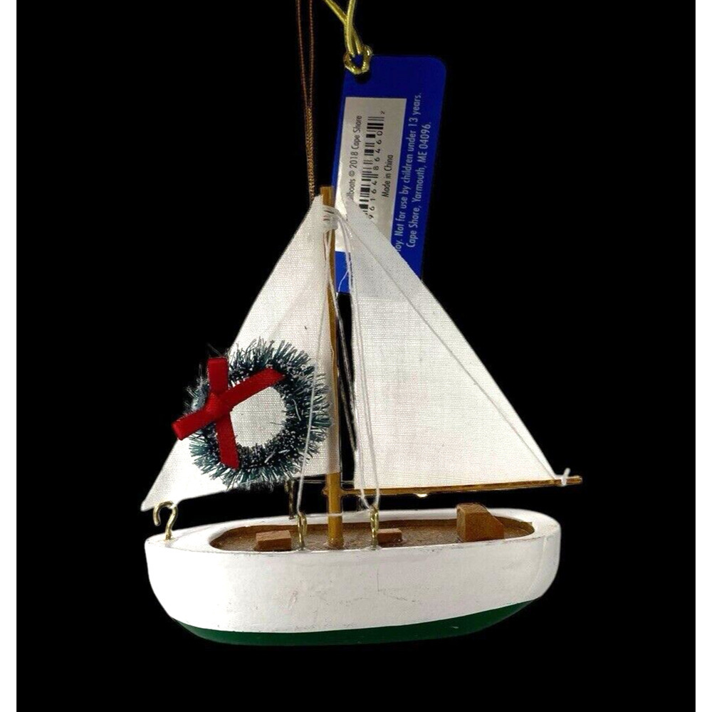 Sailboat Christmas Ornament White Sail Wood Vessel 4" Coastal Decor Cape Shore